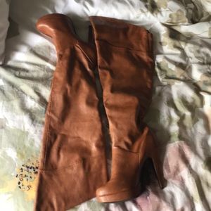 Over the knee cognac boots